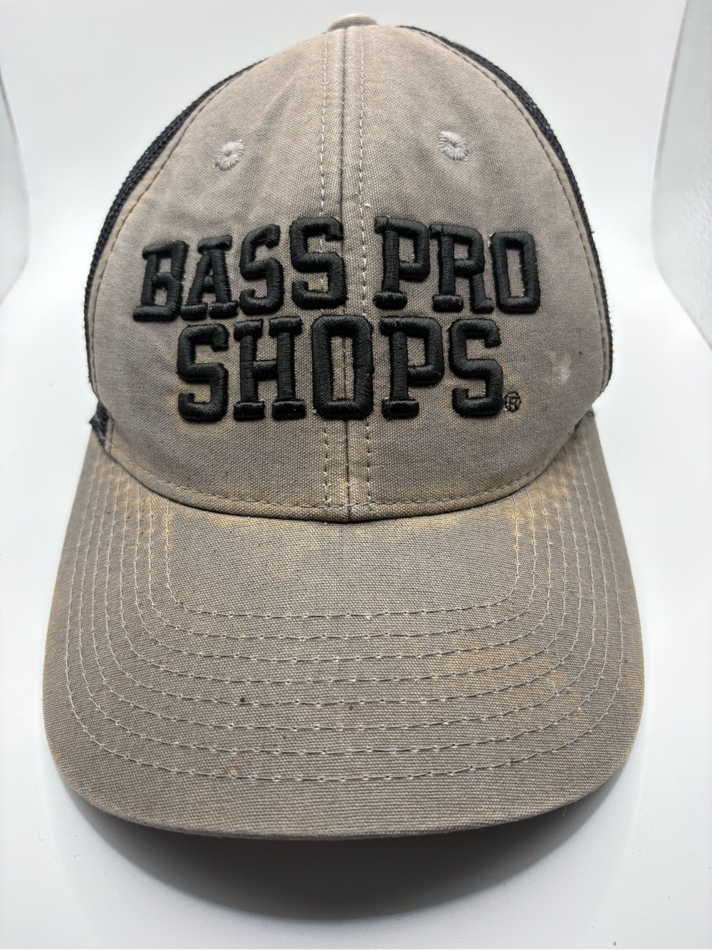 Bass Pro Shops Gone Fishing Trucker Hat Mesh Snapback Gray Black Outdoor Cap